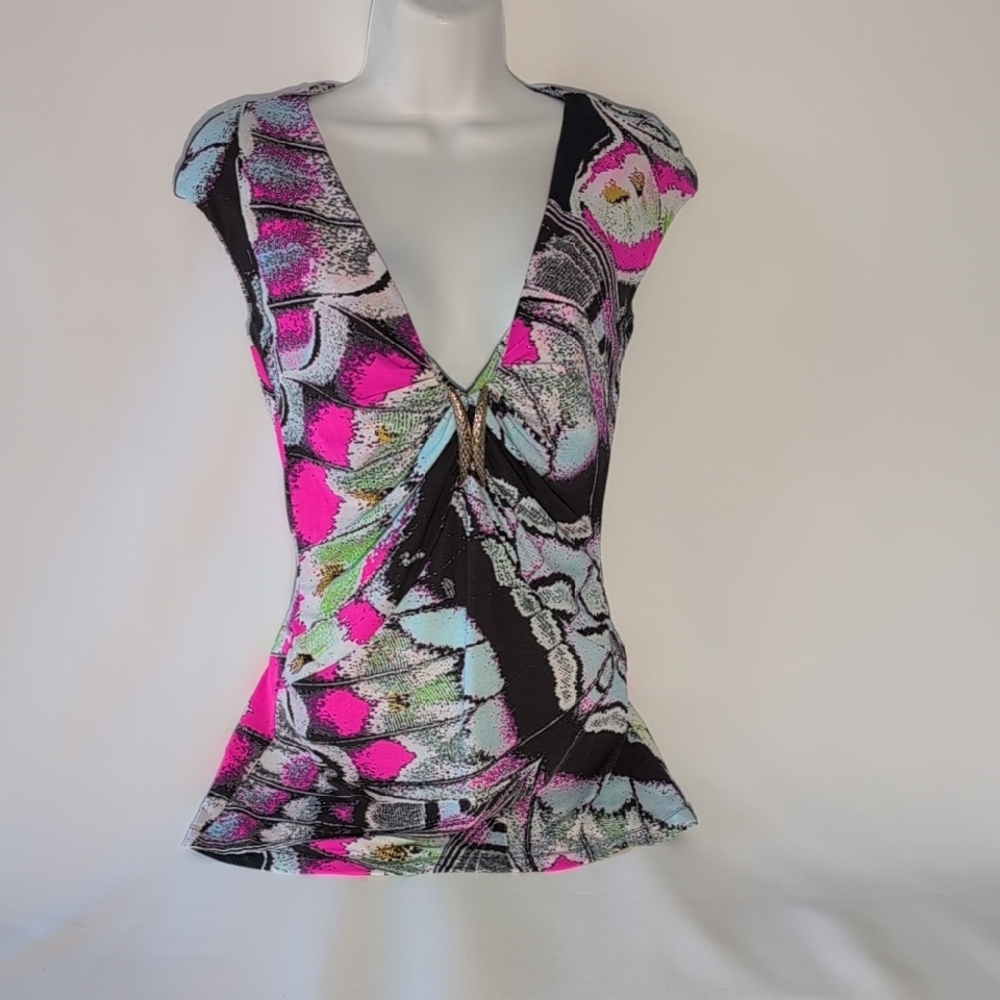 Roberto Cavalli Pink and Black V-Neck Blouse
